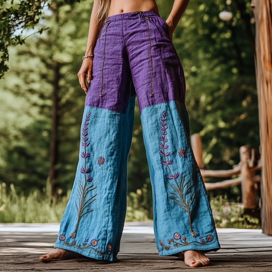 Vintage Bohemian Lavender Patchwork Art Printed Cotton Linen Wide Leg Pants artswardrobe