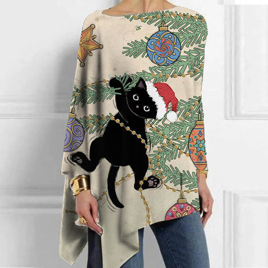Comstylish Christmas Black Cat Print Mid-Length Irregular Women's Top