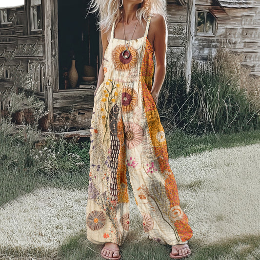 Women's Bohemian Floral Patchwork Linen Print Linen Jumpsuit artswardrobe