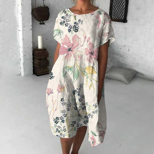 Retro Colored Flowers Art Flowy Midi Dress artswardrobe