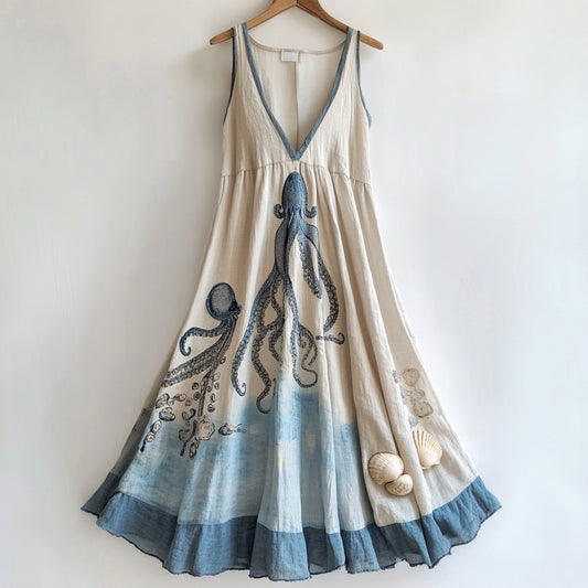 Comstylish Vintage Octopus And Shell Gradient Cotton And Linen Dress