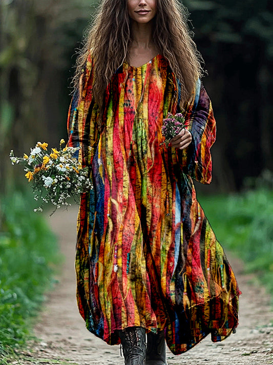 Colorful Boho Patchwork Flowy Linen Maxi Dress artswardrobe