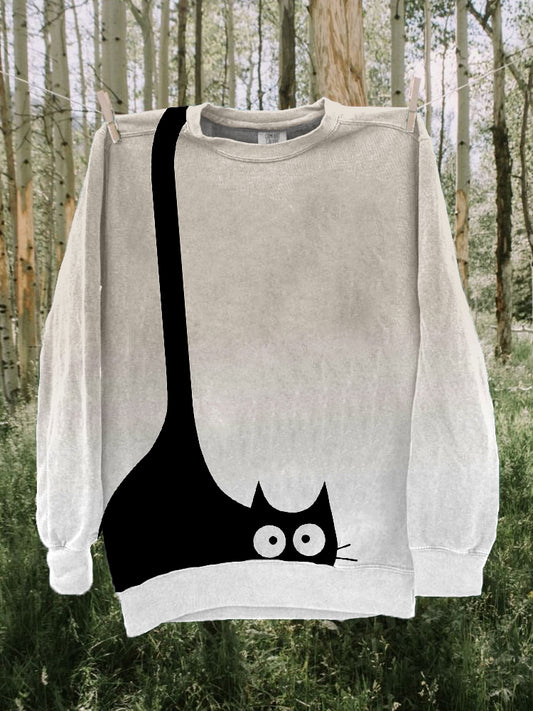 Lovely Black Cat Print Gradient Cozy Sweatshirt