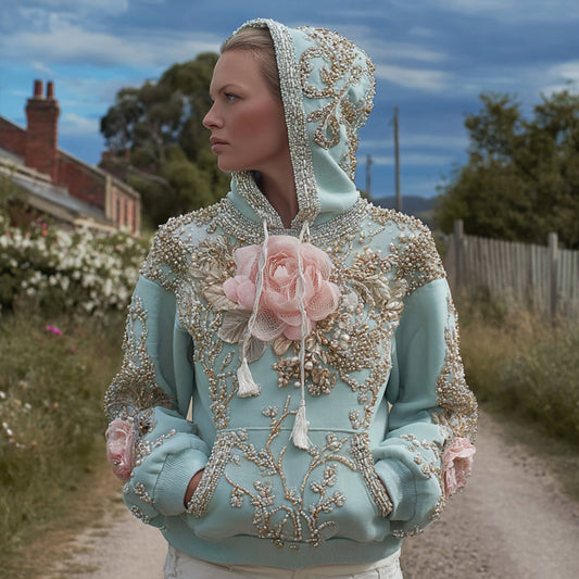 Comstylish Bohemian Pink Handmade Flower Light Blue Hoodie