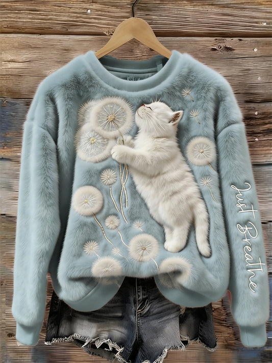 Comstylish Just Breathe Cat & Dandelion Cozy Plush Sweatshirt