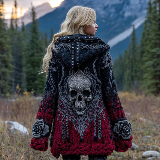 Women's Celtic Skull And Rose Inspired Knitted Cozy Midi Hooded Cardigan artswardrobe