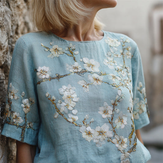 Comstylish Oil Painting Inspired Almond Blossom Embroidered Linen Tunic