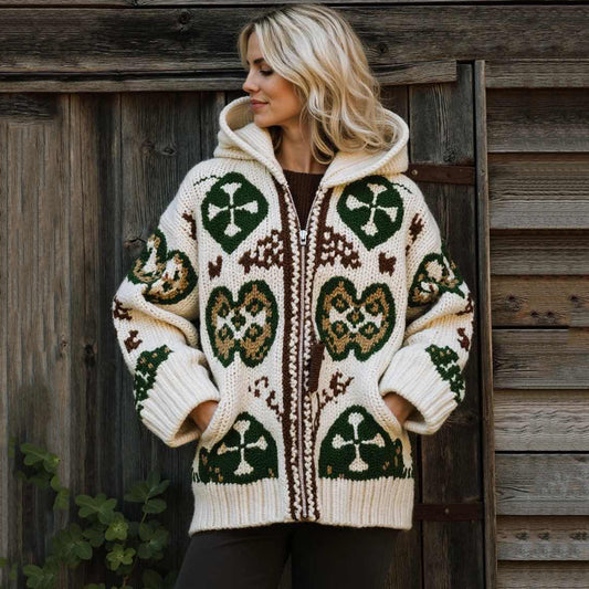 Women's Vintage Knit Jacquard Zipper Pocket Hoodie Cardigan artswardrobe