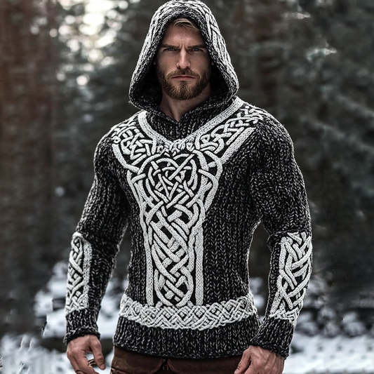 Men's Viking Pattern Jacquard Cozy Hooded Sweater elevenforest