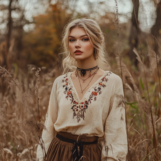 Vintage Bohemian Embroidered Linen V-neck Shirt artswardrobe