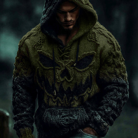 Men's Halloween Pumpkin Face Gradient Jacquard Knit Hooded Sweater elevenforest