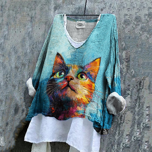 Women's Retro Oil Painting Pop Cat V-neck Shirt elevenforest