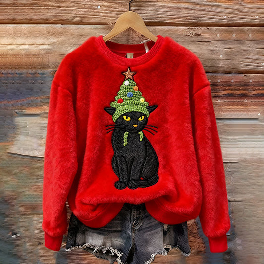 Women's Christmas Cute Cat Embroidered Cozy Plush Sweatshirt elevenforest
