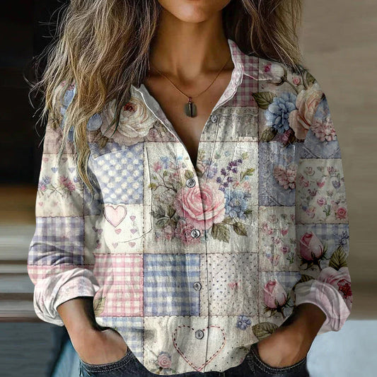 Comstylish Women's Vintage Bohemian Patch Cotton And Linen Button-down Shirt