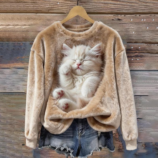 Comstylish Women's Cute Cat Crew Neck Cozy Flannel Sweatshirt