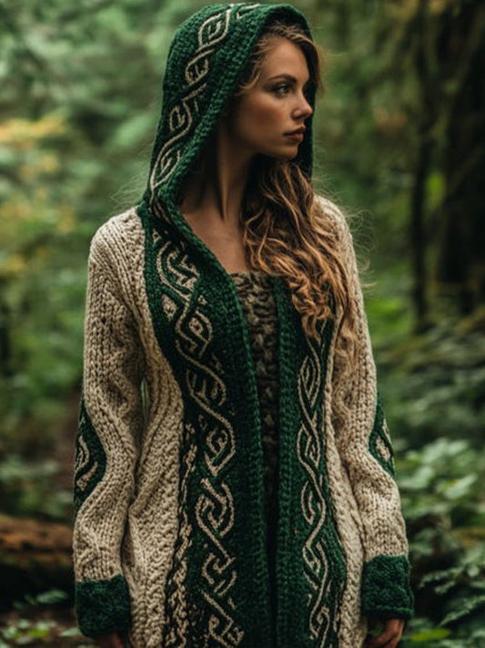 Women's Celtic Knot Design Contrast Color Cozy Knit Hooded Cardigan artswardrobe