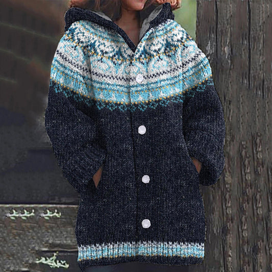 Icelandic Ethnic Print Knitted Hooded Cardigan elevenforest