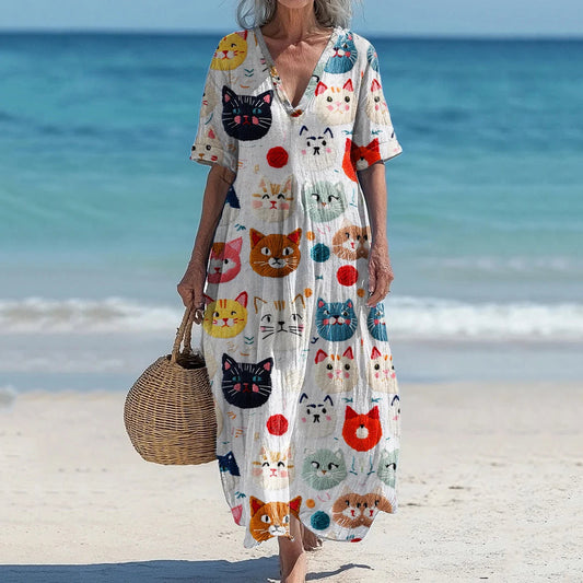 Vintage Cute Cat Embroidered Cozy Linenart Women'smaxi Dress elevenforest
