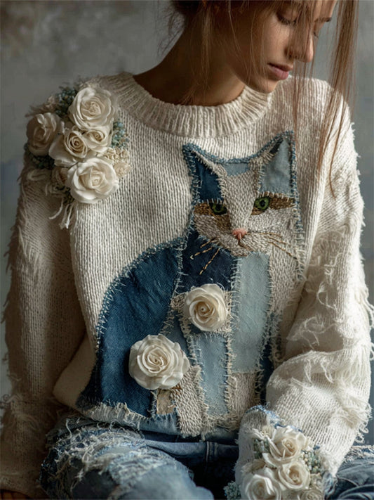 Vintage Cat Denim Patchwork White Roses Cozy Knit Sweater elevenforest