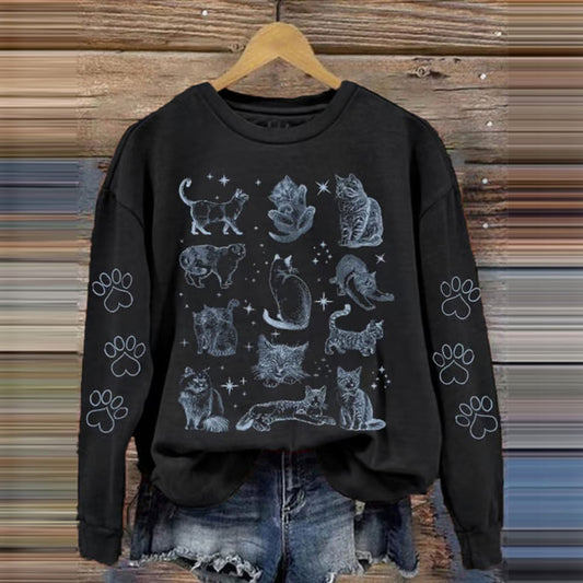 Cat Print Crew Neck Casual Sweatshirt elevenforest