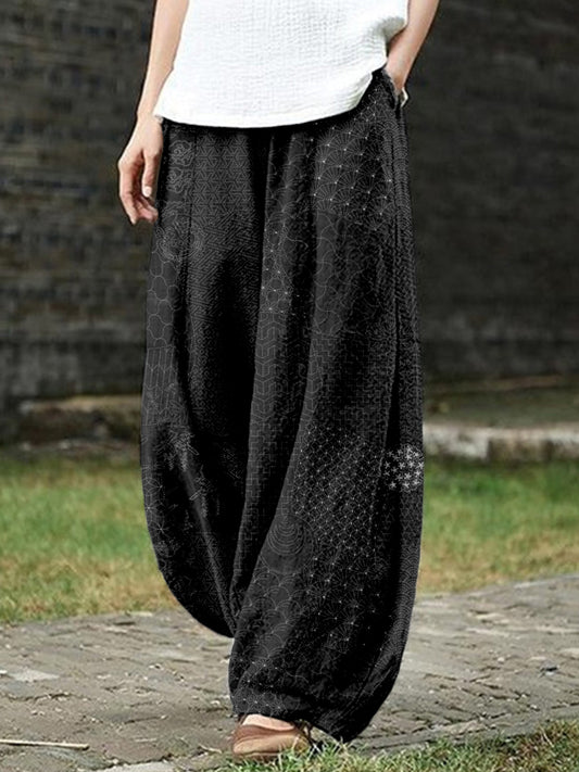 Comstylish Japanese Traditional Sashiko Art Linen Blend Casual Pants