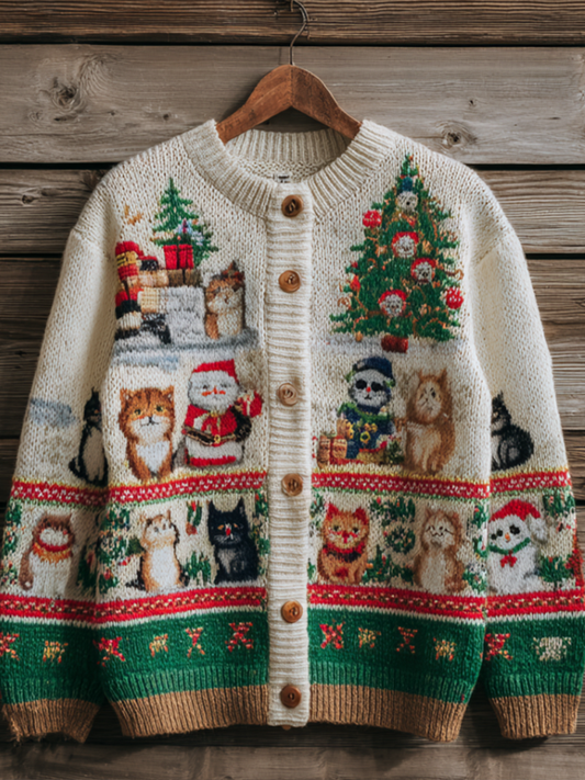 Christmas Fun Cat Women's Knit Sweater Coat elevenforest
