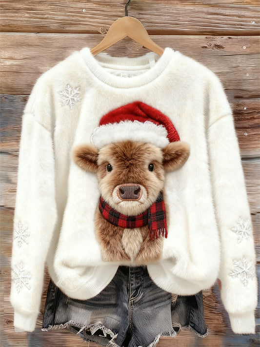 Comstylish Christmas Highland Cow Snowflakes Embroidered Cozy Plush Sweatshirt