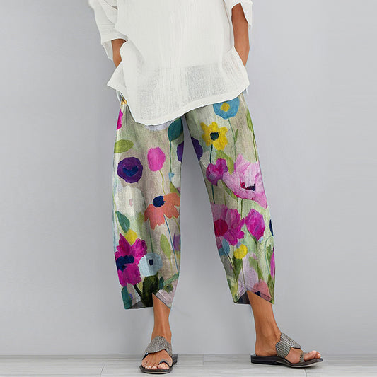 Comstylish Vintage Color Block Floral Printed Casual Pocket Pants