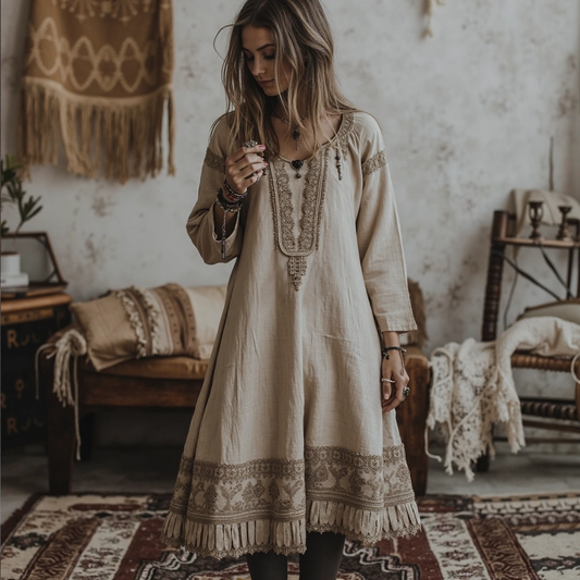 Vintage Traditional Embroidery Art Linen Maxi Long Dress artswardrobe