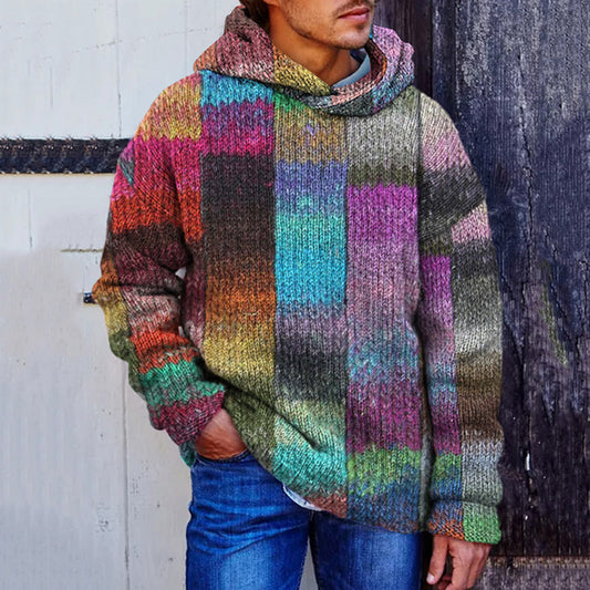 Men's Vintage Plaid Colorful Patchwork Cozy Hooded Sweater artswardrobe