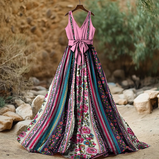 Women's Vintage Floral Patchwork Cotton And Linen Sleeveless Dress artswardrobe