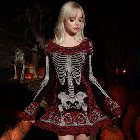 Women's Floral Skull Pattern Cozy Knit Mini Sweater Dress artswardrobe