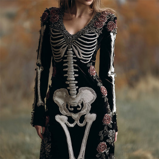 Comstylish Vintage Skeleton Roses Glitter Beaded Cozy Velvet Maxi Dress