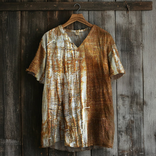 Women's Vintage Rust Dyed Art Print V-neck Linen Blend T-shirt artswardrobe