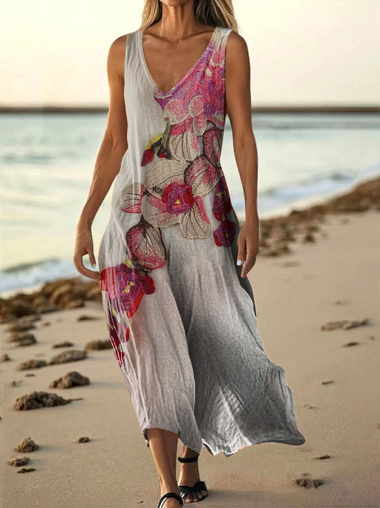 Women's Floral Art Print Pocket Cotton Dresses