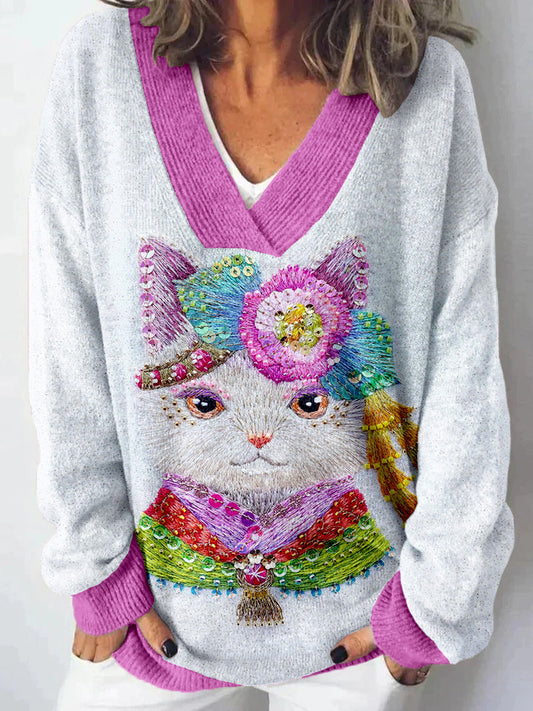 Cute Japanese Cats Art Embroidered V Neck Cozy Sweater elevenforest