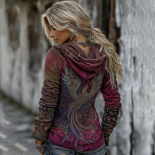 Comstylish Women's Viking Mythology Phoenix Embroidery Comfortable Warm V-neck Hoodie