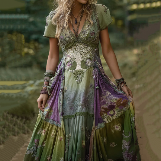 Women's Vintage Tree Of Life And Floral Colorblock Short Sleeve Dress artswardrobe