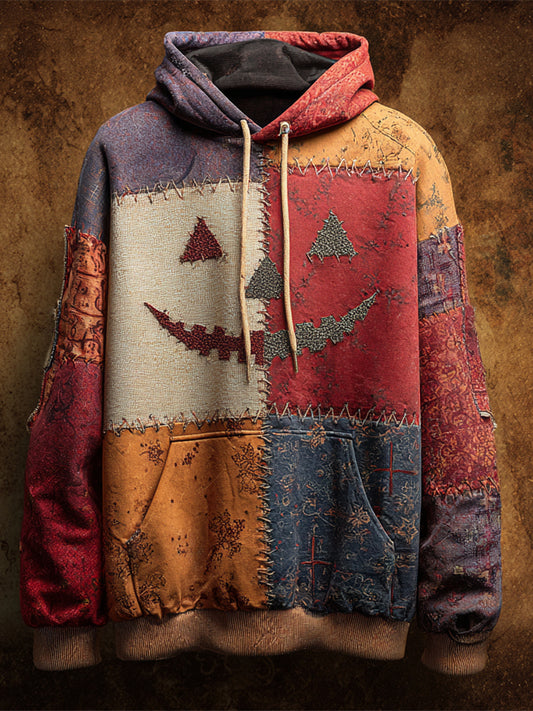 Halloween Pumpkin Emoji Stitching Irregular Patchwork Men's Hoodie artswardrobe