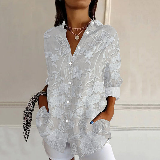 Embroidered Floral Print Long Sleeved Casual Shirt artswardrobe