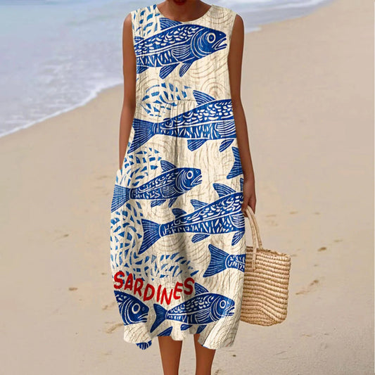 Comstylish Women's Vintage Fish Sardines Art Print Cotton Casual Sleeveless Dress