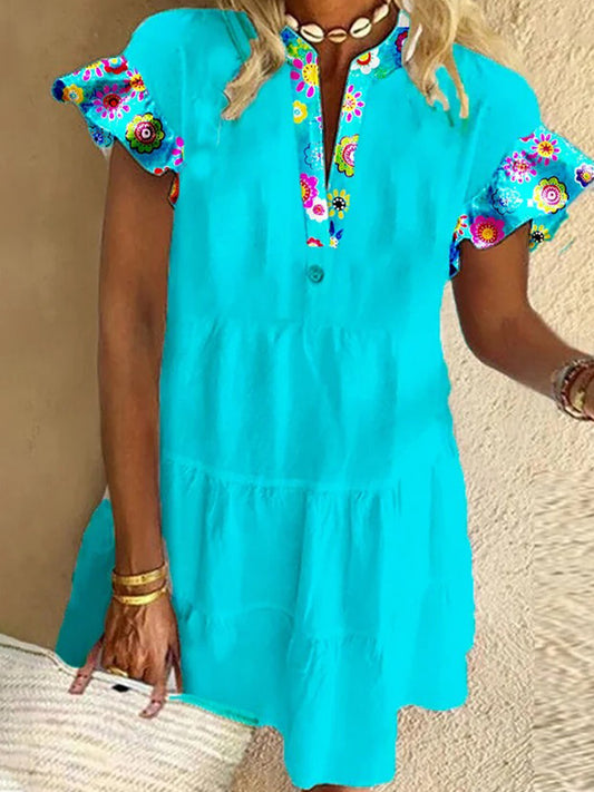 Ocean Blue and Colorful Flowers Ruffled Short-sleeved V-neck Buttoned Dress Vacation Beach Dress
