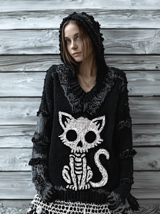 Comstylish Halloween Cat And Skeleton Pattern Women's V-neck Hooded Knit Sweater