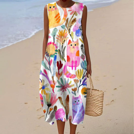 Women's Vintage Floral Cat Art Print Sleeveless Wrap Dress elevenforest