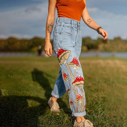 Boho Mushroom Patchwork Art Button High Waist Wide Leg Jeans artswardrobe