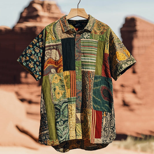 Men's Retro Contrast Patchwork Short Sleeve Shirt artswardrobe