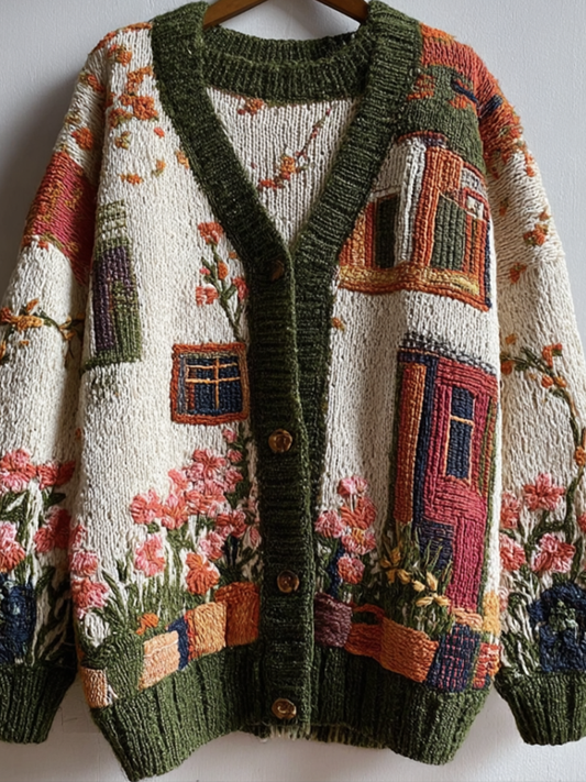 Bohemian Style Garden Pattern Design Women's Knitted Sweater Coat elevenforest