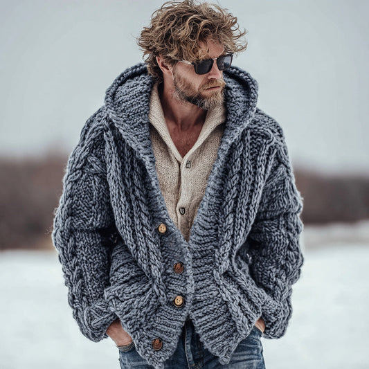 Men's Casual Fairman Island Chunky Knit Buttons Hooded Sweater Cardigan elevenforest