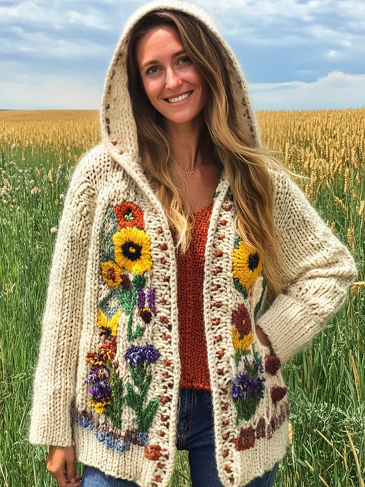 Rustic Knit Floral Women's Hooded Cardigan artswardrobe