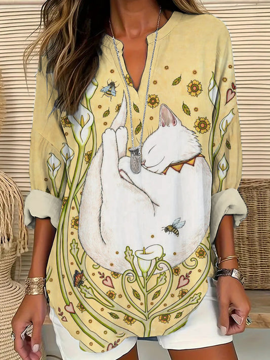 Cat & Bee Floral Pattern Linen V-Neck Tunic elevenforest